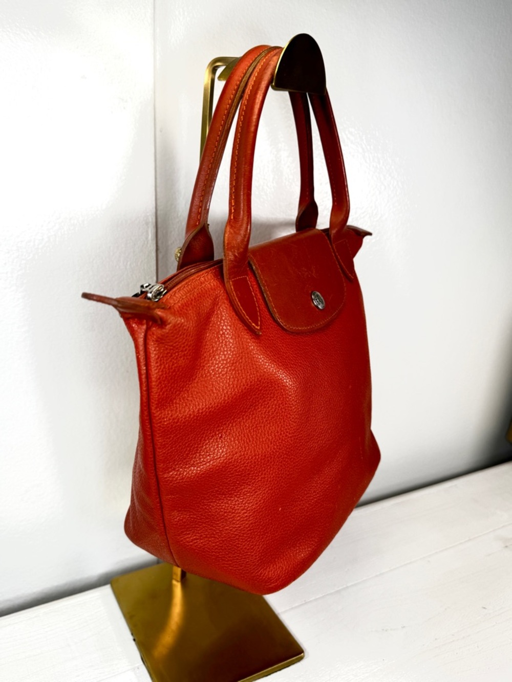 Longchamp Le Pliage Cuir Small Orange Leather Tote Bag Top Handle Authentic - Picture 2 of 16
